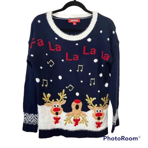 Holiday Traditions Sweaters - HOLIDAY UGLY CHRISTMAS SWEATER FA LA LA REINDEER BLUE SZ M